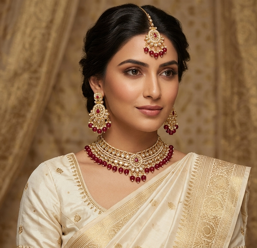 A woman wearing an ornate traditional Indian gold and red gemstone jewelry set, including a maang tikka, earrings, and a necklace, paired with a cream-colored silk saree, set against a draped beige background.