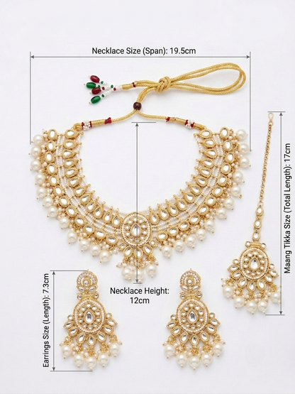 Gold and white pearl necklace set with matching earrings and a maang tikka, shown with measurement annotations on a light gray background.