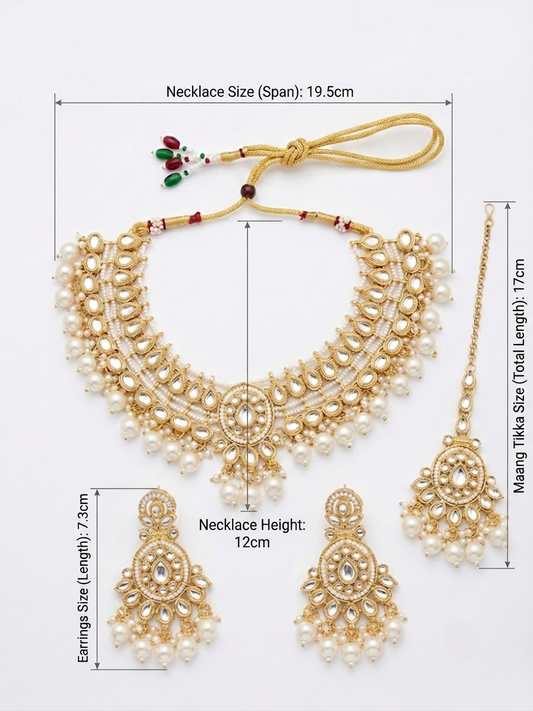 Gold and white pearl necklace set with matching earrings and a maang tikka, shown with measurement annotations on a light gray background.