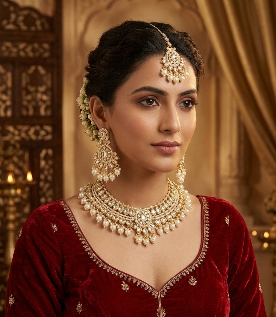 A woman wearing an ornate gold and pearl jewelry set with a matching headpiece and large earrings, paired with a deep red embroidered traditional garment, set against a warm, elegant background.