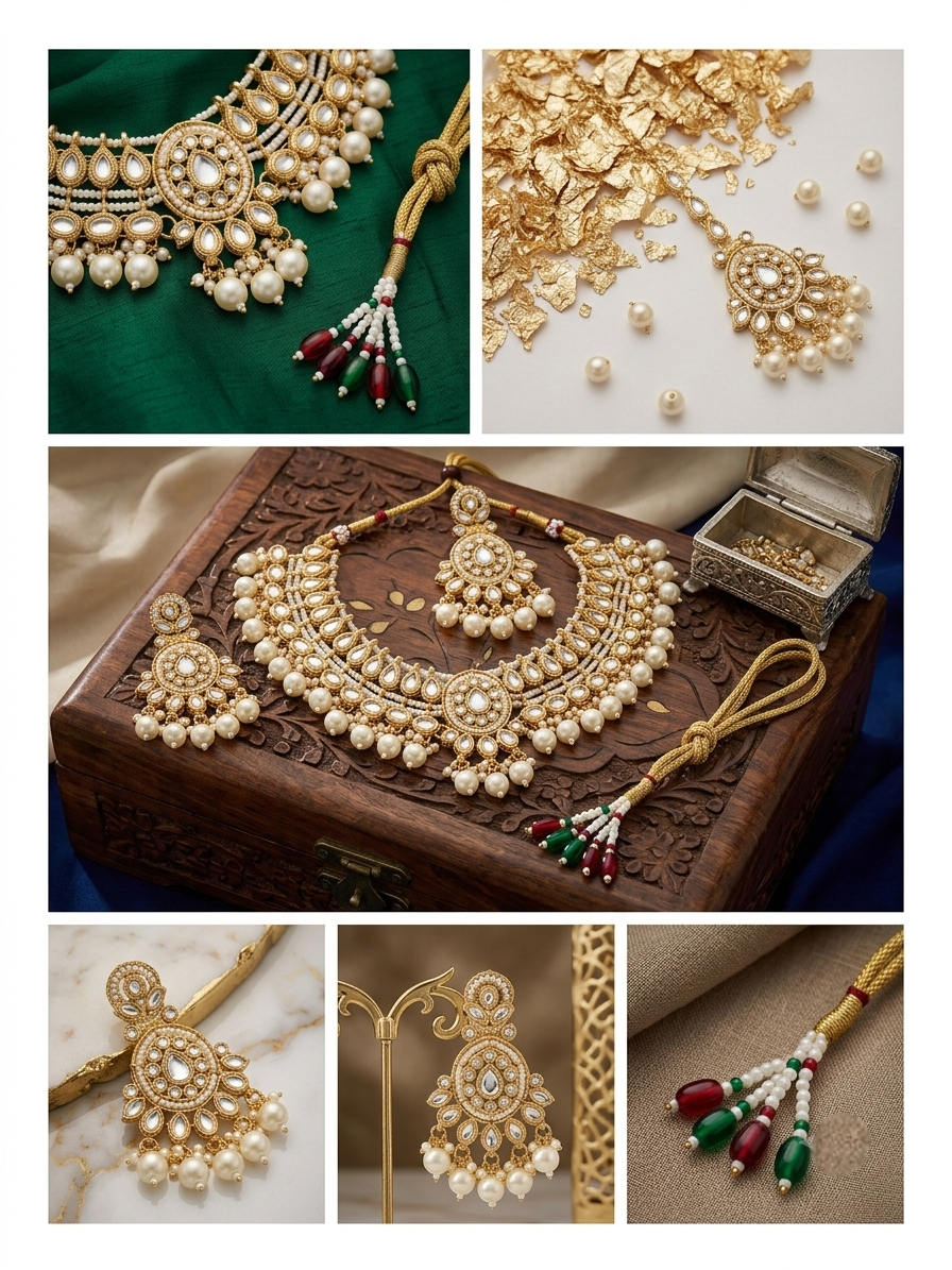 A collage of five product photos showcasing an ornate Indian gold jewelry set with white pearls, gold-plated details, and green and red bead tassel accents. The set includes a necklace, earrings, a bracelet, and a ring, shown in various styled settings like on a carved wooden box, a green fabric backdrop, and scattered on a light surface.