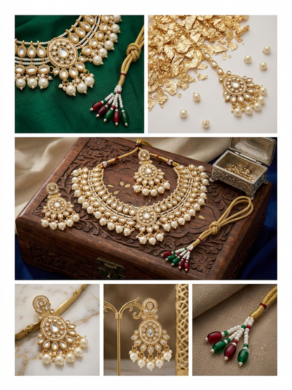 A collage of five product photos showcasing an ornate Indian gold jewelry set with white pearls, gold-plated details, and green and red bead tassel accents. The set includes a necklace, earrings, a bracelet, and a ring, shown in various styled settings like on a carved wooden box, a green fabric backdrop, and scattered on a light surface.