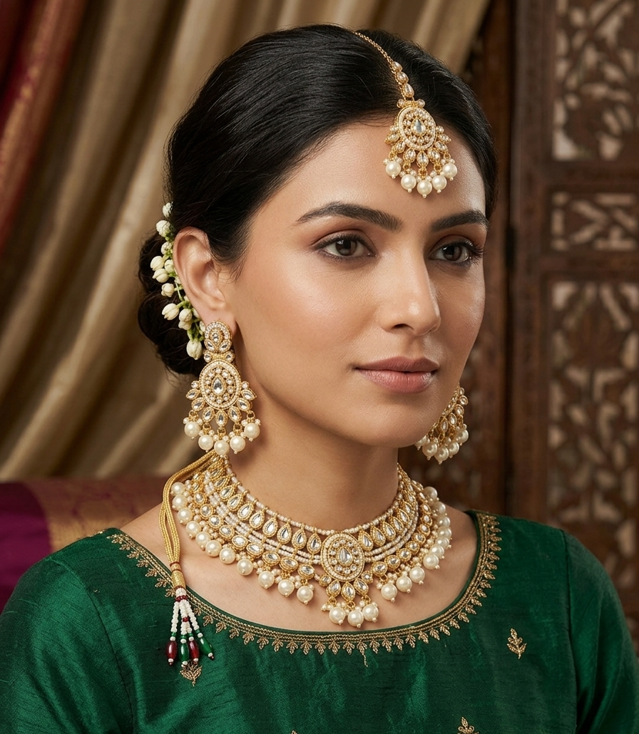A woman wearing an ornate gold-toned traditional jewelry set with pearl-like white stones, including a maang tikka, earrings, and a statement necklace, paired with a green embroidered blouse.