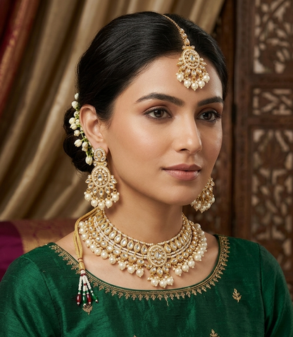 A woman wearing an ornate gold-toned traditional jewelry set with pearl-like white stones, including a maang tikka, earrings, and a statement necklace, paired with a green embroidered blouse.