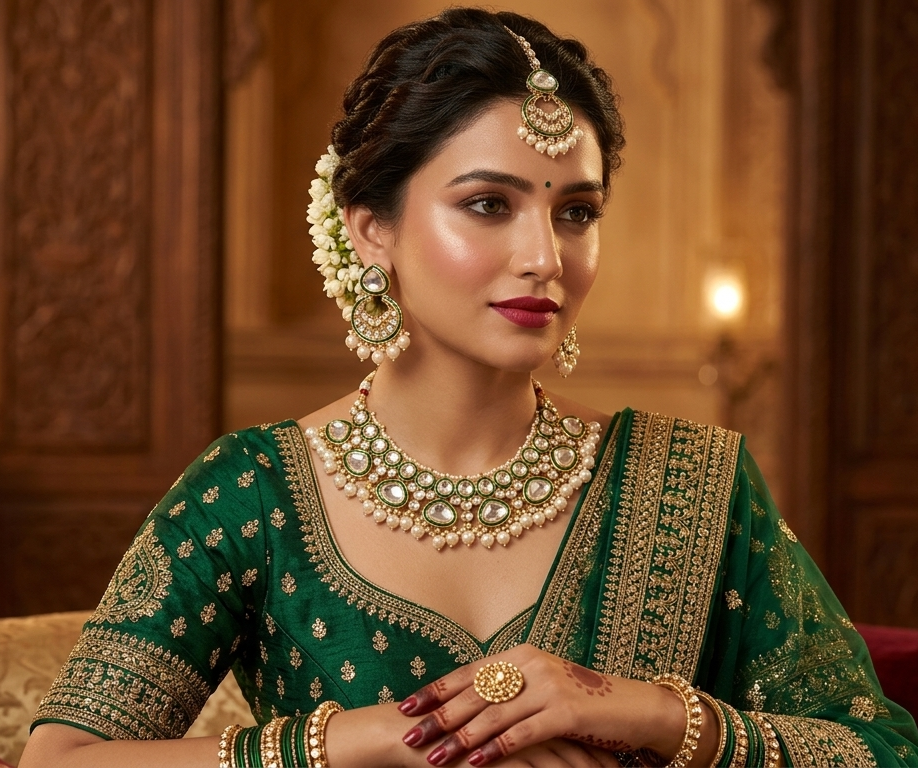 A woman wearing traditional Indian jewelry, including a gold and green necklace, matching earrings, a maang tikka, and a ring, paired with a green embroidered blouse. She is posed against a warm, dark wood-paneled background.