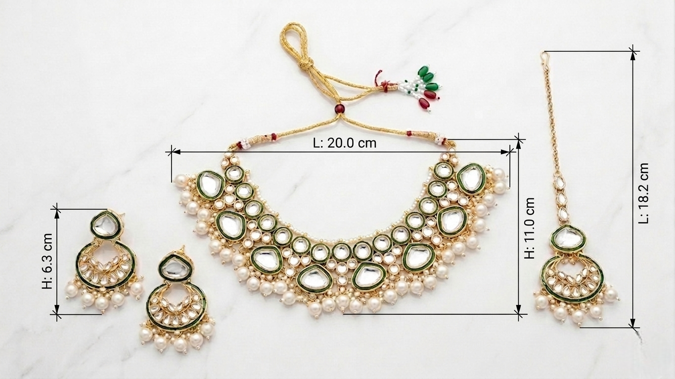 Gold-toned traditional Indian jewelry set with a necklace, matching earrings, and a maang tikka, shown on a light marble background with dimension lines and measurements.