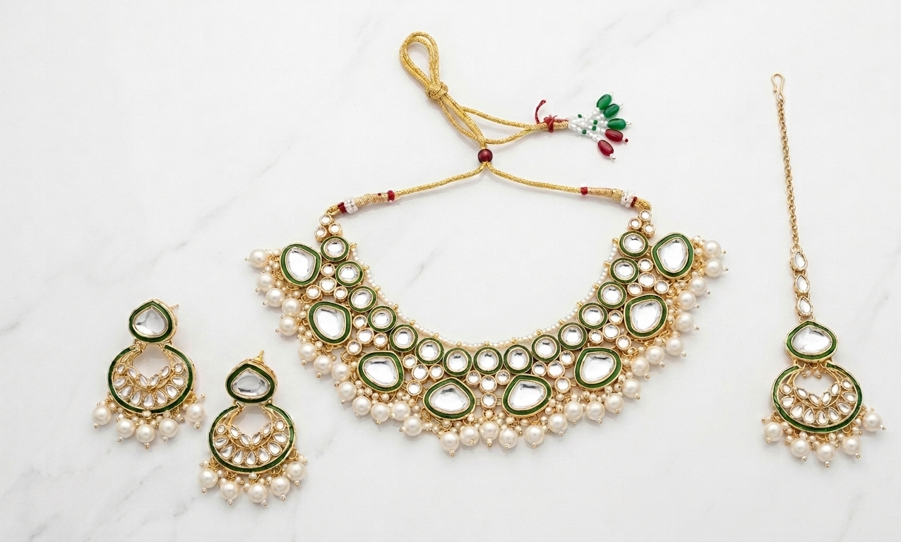Gold-toned traditional jewelry set with a necklace, matching earrings, and a maang tikka, decorated with white faux pearls, green enamel, and clear stones, displayed on a white marble surface.