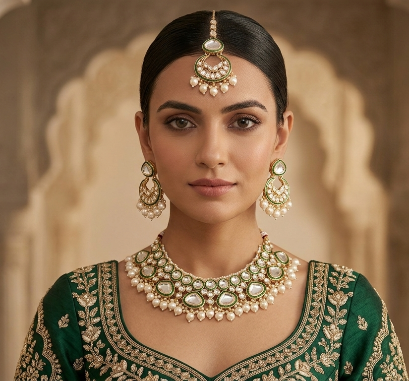 A woman wearing an ornate traditional Indian jewelry set, including a gold and pearl maang tikka, matching earrings, and a statement necklace, paired with a green embroidered blouse.