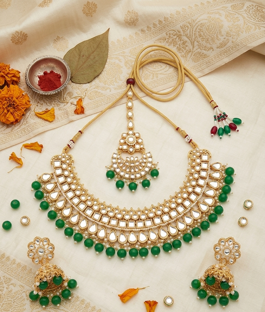 Gold-toned traditional Indian jewelry set with green bead accents, including a necklace, matching earrings, and a maang tikka, arranged on a cream patterned fabric with decorative flowers and a small bowl of red powder.
