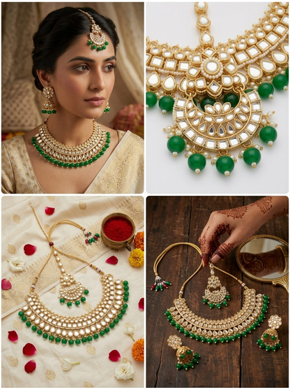A four-panel collage showcasing a traditional Indian gold and green stone jewelry set. The top-left panel shows a woman wearing the necklace, earrings, and maang tikka.