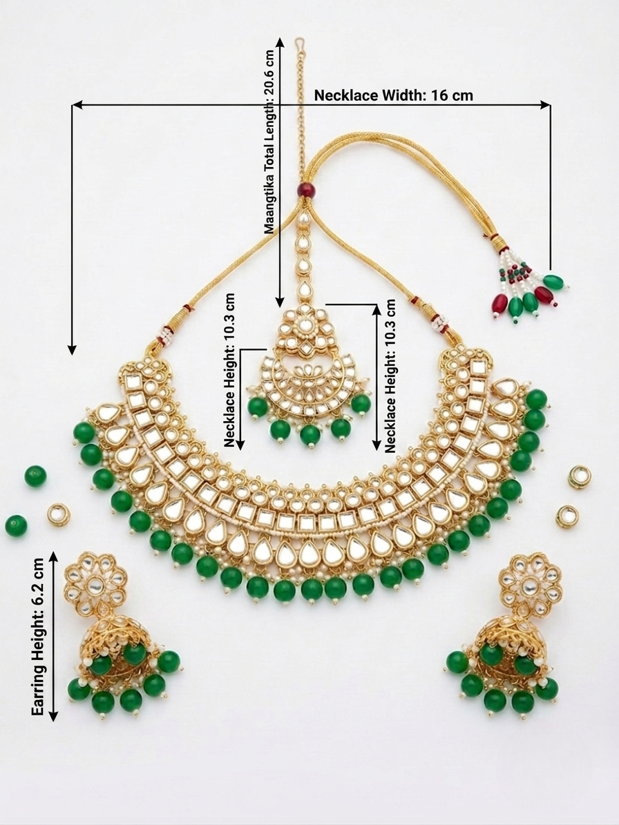Gold-toned traditional necklace set with green bead accents and matching earrings, shown on a white background with measurement callouts for necklace width, height, and earring height.