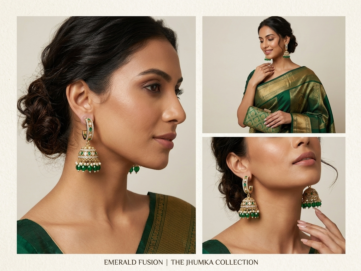 Lifestyle collage showing a woman from three different angles modeling emerald green CZ stone fusion hoop jhumka earrings while wearing a green silk saree.