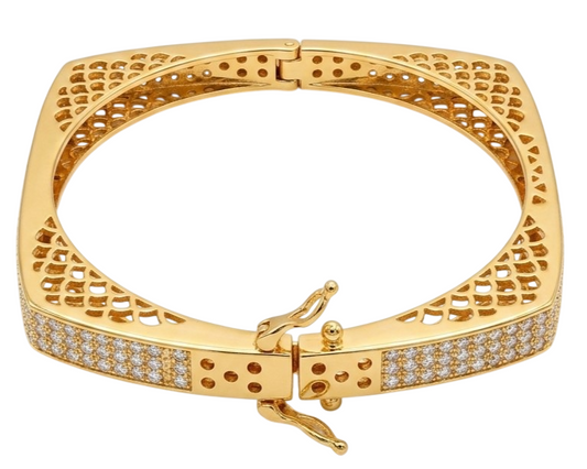 The Square Pavé Bracelet – High-Polish Yellow Gold & Diamond Bangle