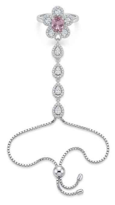 Silver Floral Pavé Crystal Hand Chain Bracelet with Pink Center Stone