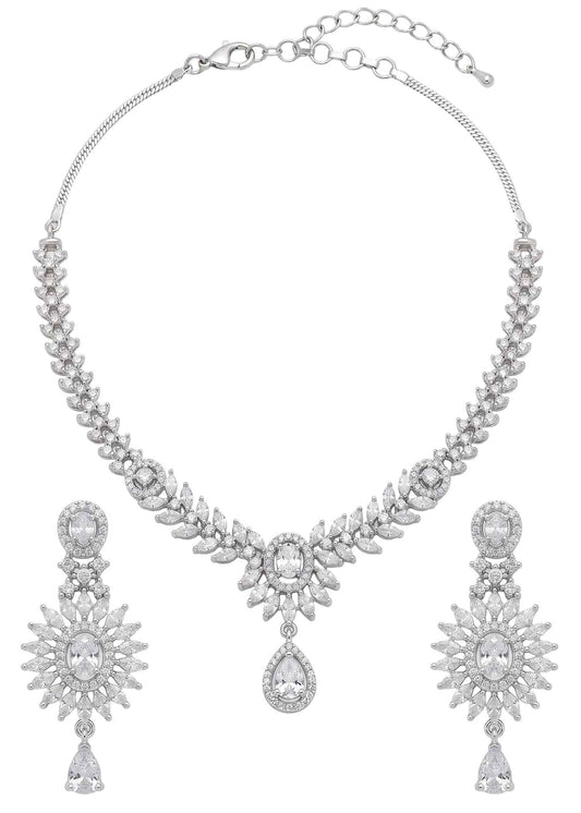 White Finish American Diamond Artificial Necklace Set with Matching Drop Earrings