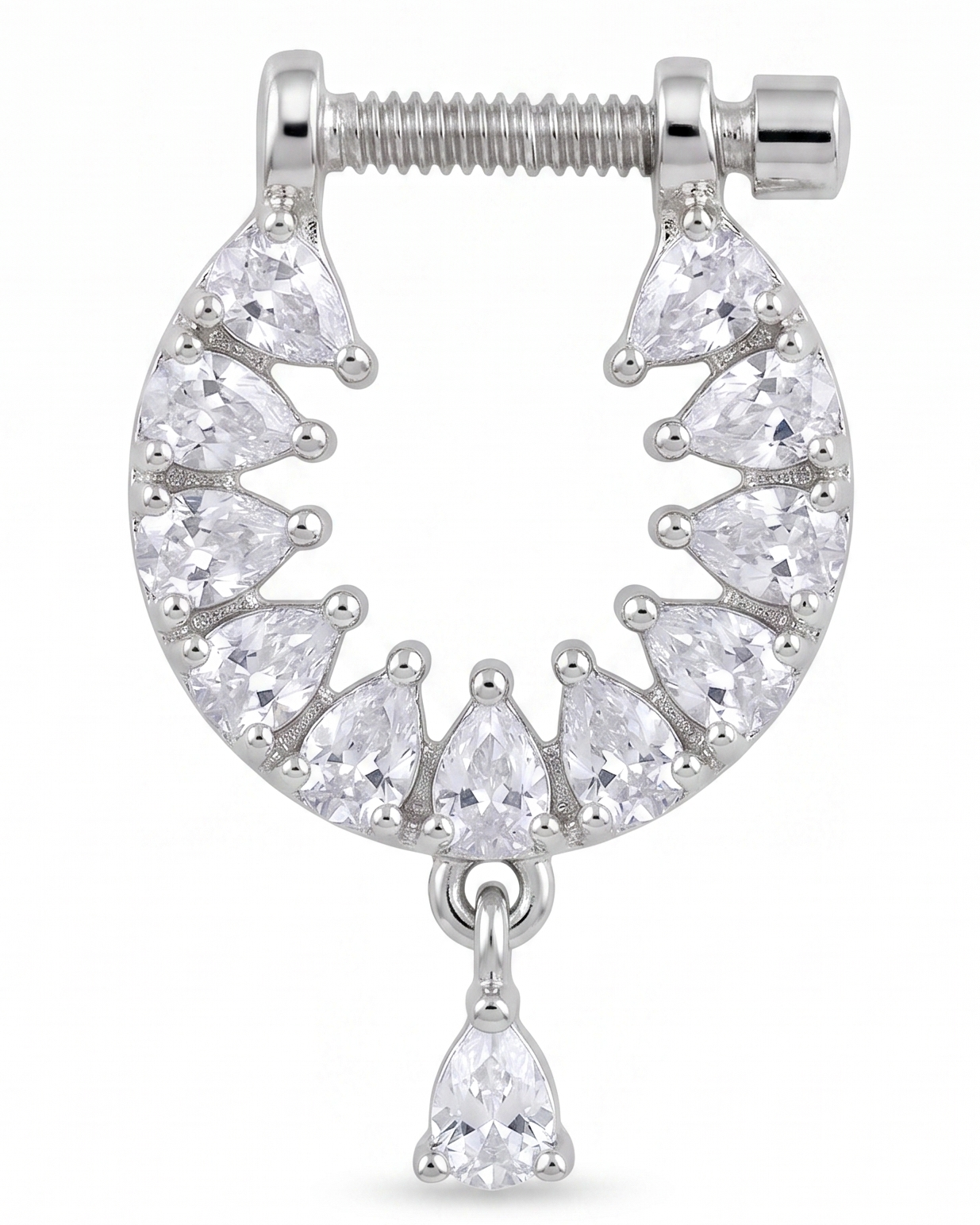Silver earring with clear gemstones on a white background
