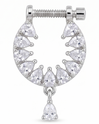 Silver earring with clear gemstones on a white background