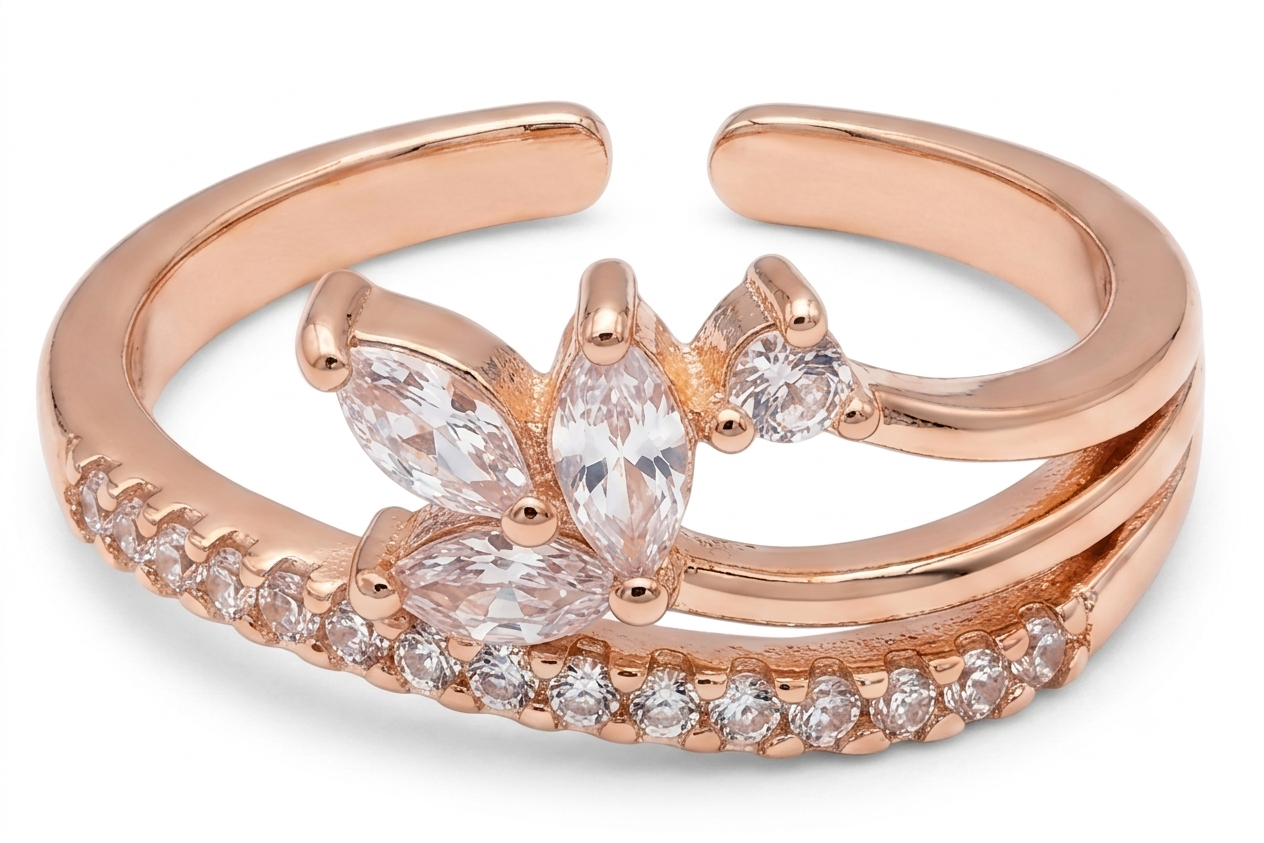 Close-up of the Vaidika Royal Heritage rose gold ring featuring a sparkling marquise cluster and a beautifully detailed pavé band.