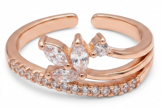 Close-up of the Vaidika Royal Heritage rose gold ring featuring a sparkling marquise cluster and a beautifully detailed pavé band.
