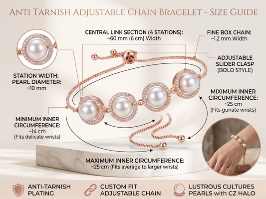 Model wearing the elegant rose gold bolo bracelet with four pearl and CZ halo stations on her wrist.