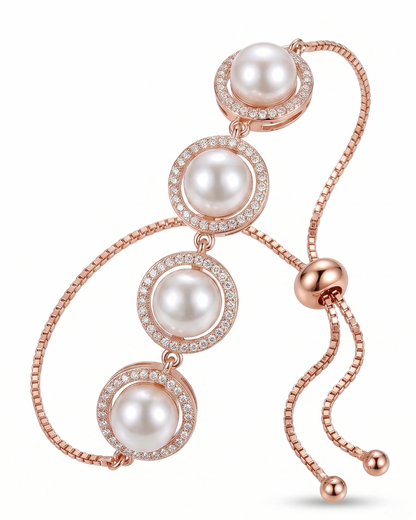 Detailed size guide and specifications for the rose gold pearl adjustable bracelet showing dimensions and anti-tarnish features.