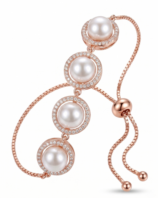 Lustrous Cultured Pearl & CZ Halo Adjustable Bolo Bracelet – Rose Gold Tone