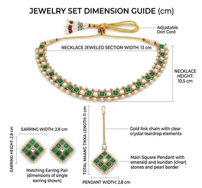 Detailed jewelry set dimension guide graphic displaying the choker necklace with a 13 cm jeweled section width, 2.8 cm wide matching earrings, and an 11 cm long maang tikka with pure white pearl borders.