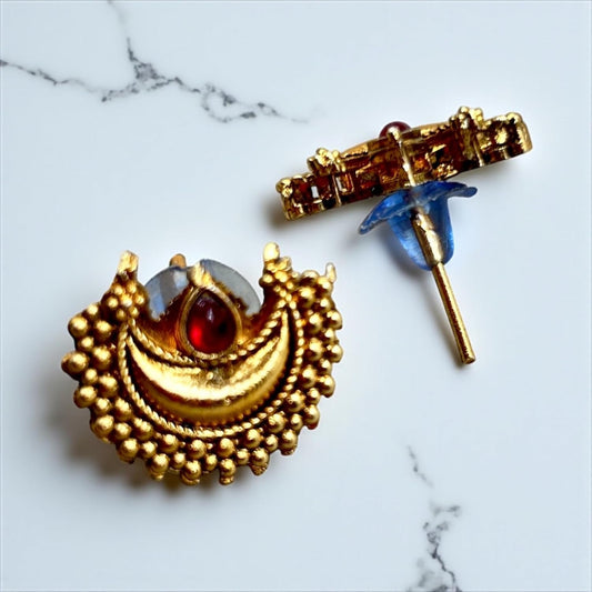 Close-up view of premium artificial Traditional Maharashtrian Chandrakor Rubu Red Stone Necklace Set   Gold Plated by Innovate Art Impex.