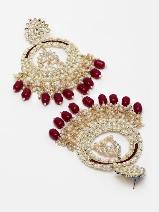 Vaidika Royal Heritage Gold Toned Maroon Bead AD Chandbali Earrings