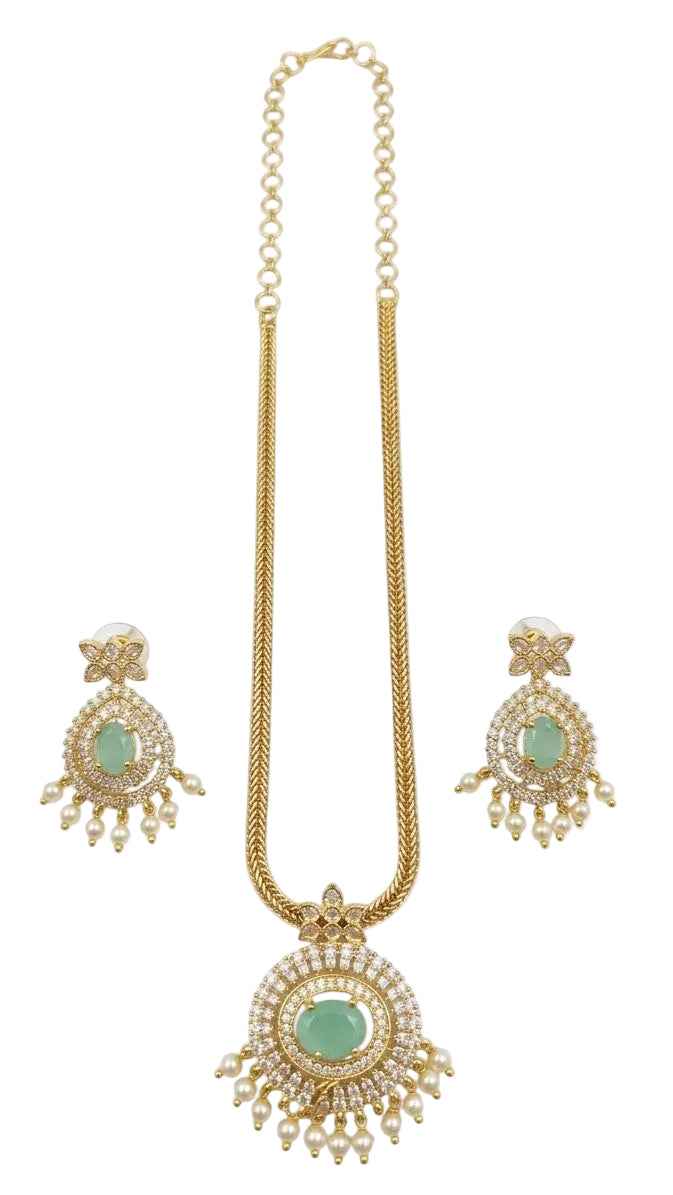 Mint Green Artificial Stone Pendant Necklace and Earrings Set