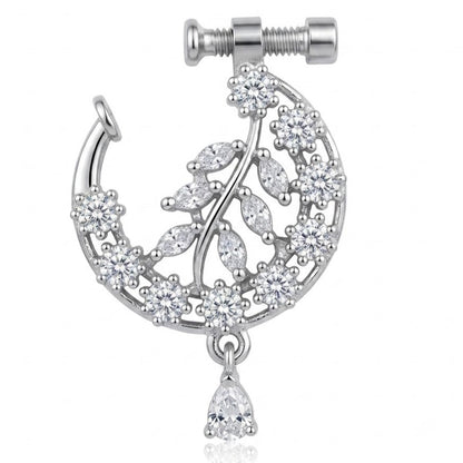 Silver earring with leaf design and teardrop pendant on a white background