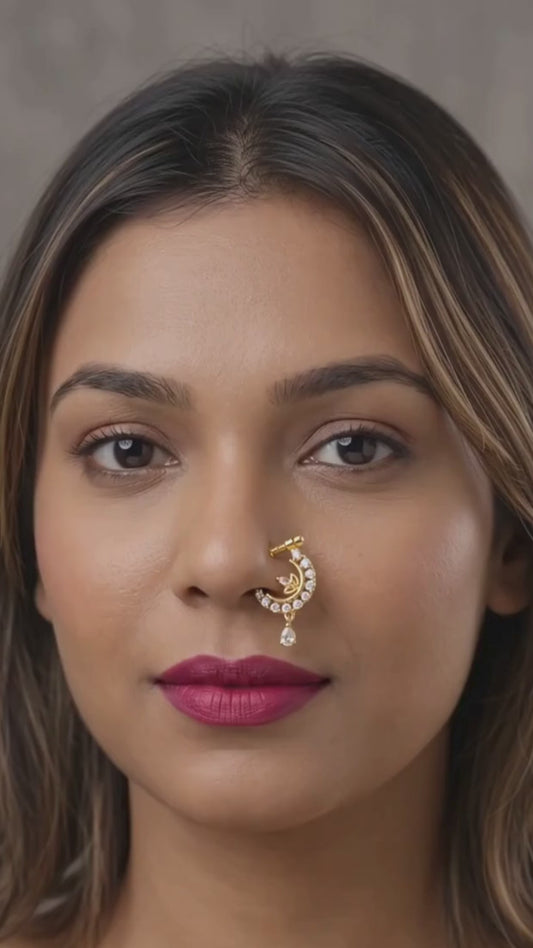 CZ Crescent & Emerald Floral Nose Pin