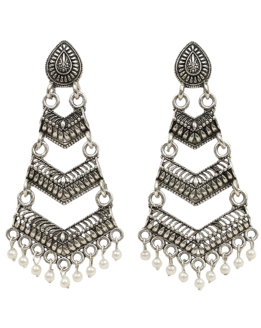 Close-up view of premium artificial Oxidized Silver Traditional Chandelier Earrings for Women by Innovate Art Impex.